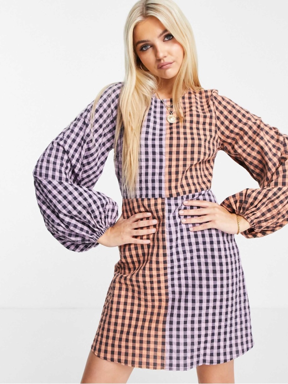 ASOS DESIGN Mixed Gingham Mini Dress Puff Sleeve Cottagecore Size 0 NWT